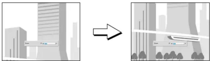 Diagram illustrating a transformation from a cityscape with a zoom control panel to a simplified architectural layout.