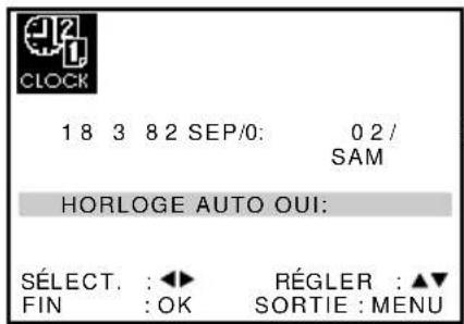CLOCK 1 8 3 8 2 SEP/0: 0 2 / SAM HORLOGE AUTO OUI: SÉLECT. : ◀► RÉGLER : ▲▼ FIN : OK SORTIE : MENU