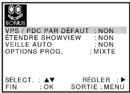 VPS / PDC PAR DÉFAUT : NON ÉTENDRE SHOWVIEW : NON VEILLE AUTO : NON OPTIONS PROG. : MIXTE SÉLECT. : ▲▼ RÉGLER :► FIN : OK SORTIE : MENU