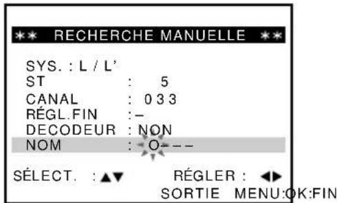 ** RECHERCHE MANUELLE ** SYS. : L / L' ST : 5 CANAL : 0 3 3 RÉGL.FIN :- DECODEUR : NON NOM : O-- SÉLECT. : ▲▼ RÉGLER : ◀► SORTIE MENU:OK:FIN