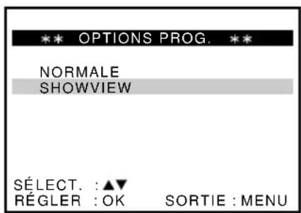 ** OPTIONS PROG. ** NORMALE SHOWVIEW SÉLECT. : ▲▼ RÉGLER : OK SORTIE : MENU