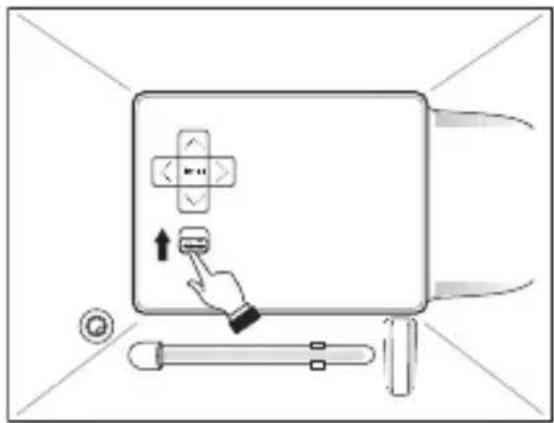 Diagram showing a hand pressing a button on a device with directional arrows and a circular symbol at the bottom.