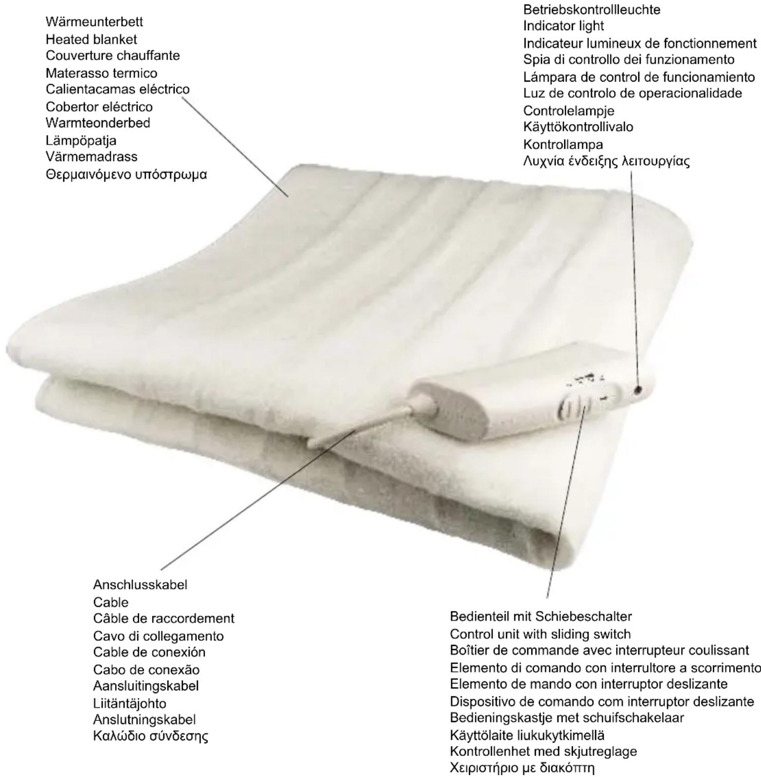 Wärmeunterbett Heated blanket Couverture chauffante Materasso termico Calientacamas eléctrico Cobertor eléctrico Warmteonderbed Lämpöpatja Värmemadrass Θερμαινόμενο υπόστρωμα Anschlusskabel Cable Câble de raccordement Cavo di collegamento Cable de conexión Cabo de conexão Aansluitingskabel Liitäntäj…