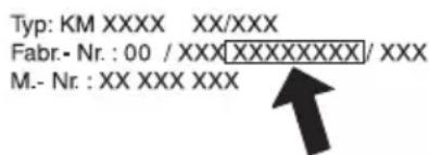 Typ: KM XXXX XX/XXX Fabr.- Nr. : 00 / XXXXXXXXXXXXX/XXX M.- Nr. : XX XXX XXX