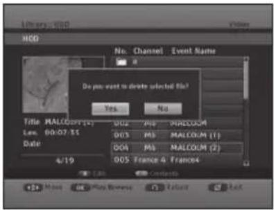 Library 4:103 HDD No. Channel Event Name a Do you want to delete selected files? Yes No Title MALCCom(2) Low 60:07:55 Date: 4/19 002 Ms MALCCOM 003 Ms MALCCOM (1) 004 Ms MALCCOM (2) 005 France 4 France4 Lam Contacts +50 More OK May Bemene To Retard Back
