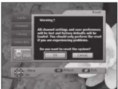Warning ? All channel settings and user preferences will be lost and factory defaults will be loaded. You should only perform the reset if you are experiencing problems. Do you want to reset the system? OK Cancel