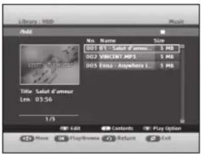 Library: MDD /Add Music No. Name Size DOT 01 - Salut d'œuvre $ MB DOT 26CENT MP5 $ MB DOT Eona - Anywhere L $ MB Title Salut d'œuvre Lem. 03:56 1/3 Edit Contents Play Option +2 More OK PlayBrowse Return Exit