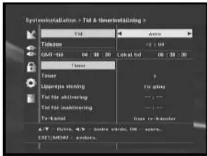 Systeminstallation > Tid & timerbestätning > Tid Auto Tidstation +2 : 03 GMT - tid 04 : 38 : 30 Lokat tid 06 : 38 : 30 Timer 1 Uppreps verring To glins Tid för aktivering — — Tid för inaktivering — — Tv-kansl Inos tv-kansler 4/7 - RDTA, 4/7 - audio viking, OK - spere. EXIT/MENU - svoluts.