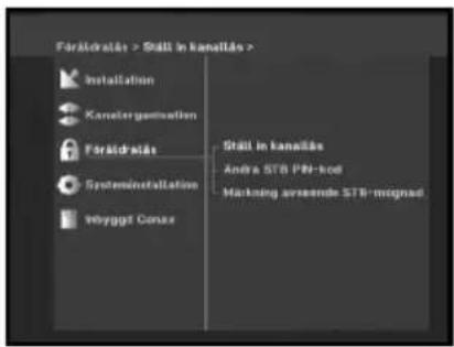 Förädstrås > Ställ in kanalås > Installation Kanaler gomnathion Förädstrås System installation Inbyggt Conax Ställ in kanalås Andra STB PN-kod Marketing avrønde STB-mognad