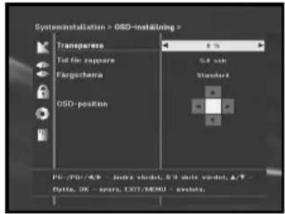 System installation > OSD-instaining > Transpares Tat file sappare Fargschema OSD-position 5.8 mm Standard Pb-/Pb/4.9 - Audio clock, 5/8 mini clock, A/T - Rattle, OK - spars, DOT/MENU - resets.