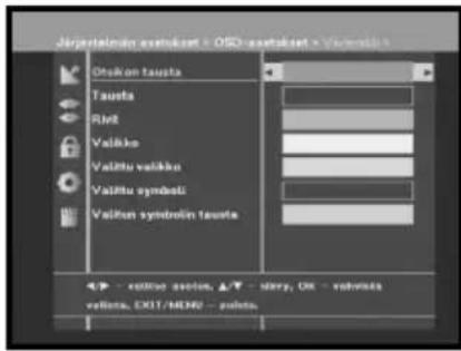 Järjärstelnin taustkaat - OSD-astukaat - Vismusika Osten tausta Tausta Rint Valikko Valitu valikko Valitu symboli Valitu symbolin tausta ▶ - valitu tausta, ▲/▼ - Slury, Ok - valminta valuta, DOT/MOR - paleta