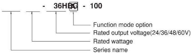 - 36HBG - 100 Function mode option Rated output voltage(24/36/48/60V) Rated wattage Series name