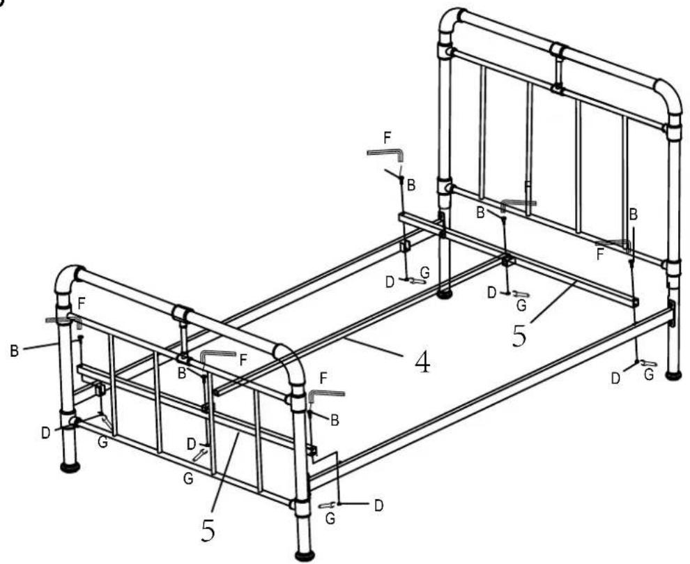 Technical diagram of a hospital bed with labeled components and structural details