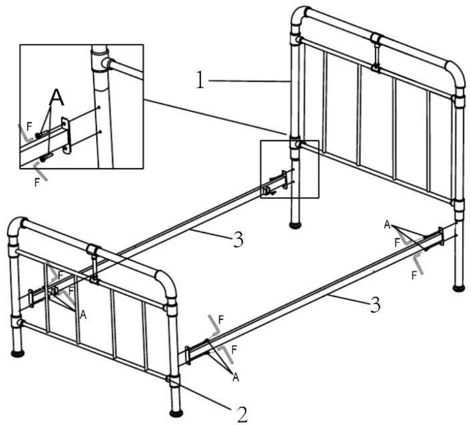 Technical diagram of a hospital bed with labeled components and force indicators, including structural elements and safety mechanisms.