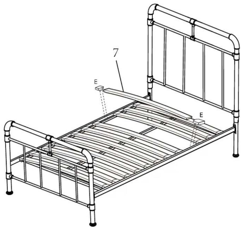 Technical line drawing of a two-story bed with labeled parts and structural elements
