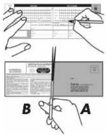 Illustration showing hands interacting with a web form and a document, labeled A and B, with text blocks and a pen.