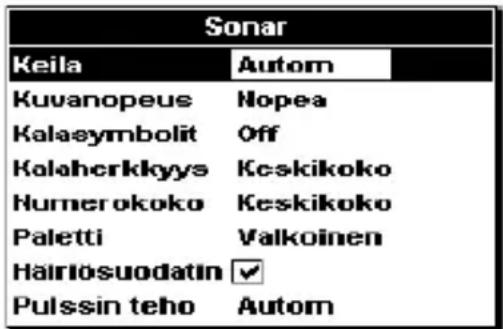 Sonar Keila Autom Kuvanopeus Nopea Kalaasymbolit Off Kalaherkkyys Keskikoko Humerokoko Keskikoko Paletti Valkoinen Härlösuodatin Pulssin teho Autom