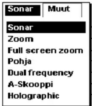 Sonar Muut Sonar Zoom Full screen zoom Pohja Dual frequency A-Skooppi Holographic
