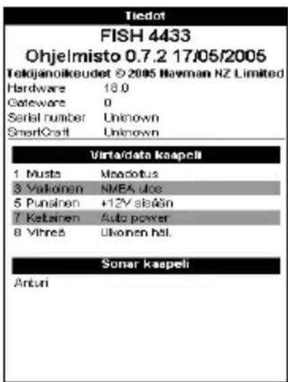 Tiedot FISH 4433 Ohjelmisto 0.7.2 17/05/2005 Tekijanoikeudet © 2005 Havman NZ Limited Hardware 18.0 Gateware 0 Serial number Unknown SmartCraft Unknown Virta/data kaapeli 1 Musta Meadotus 3 Yalkonen NMEA ulce 5 Punsinen +12Y steåän 7 Ketisen Auto power 8 Yihres Ukonen häl. Sonar kaapeli Anturi
