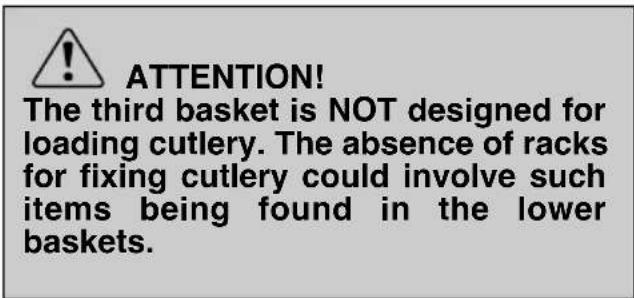 ATTENTION! The third basket is NOT designed for loading cutlery. The absence of racks for fixing cutlery could involve such items being found in the lower baskets.