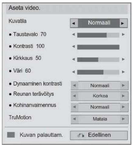 Aseta video. Kuvatila • Taustavalo 70 • Kontrasti 100 • Kirkkaus 50 • Väri 60 • Dynaaminen kontrasti • Reunan terävöitys • Kohinanvaimennus TruMotion Normaali Normaali Korkea Normaali Matala Kuvan palauttam. Edellinen