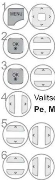 1 MENU 2 OK 3 OK 4 Valitse Pe, M 5 6