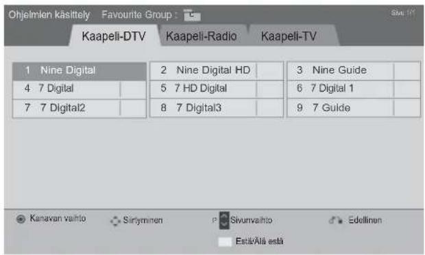 Ohjelmien käsltely Favourite Group : Kaapeli-DTV Kaapeli-Radio Kaapeli-TV 1 Nine Digital 2 Nine Digital HD 3 Nine Guide 4 7 Digital 5 7 HD Digital 6 7 Digital 1 7 7 Digital2 8 7 Digital3 9 7 Guide Kenavan valinto Sirnyminen P Sivunvalhto Edellinen Estä/Alä está