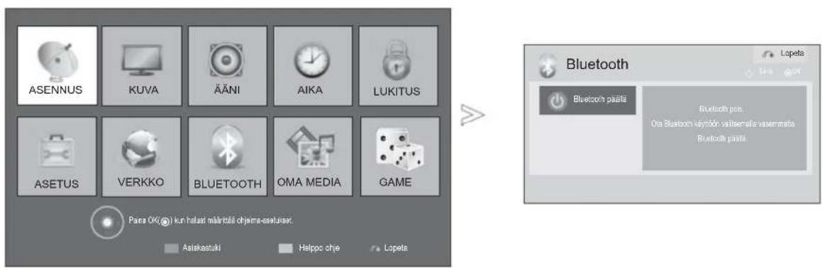 ASENNUS KUVA ÄÄNI AIKA LUKITUS ASETUS VERKKO BLUETOOTH OMA MEDIA GAME Para OK(●) kun halust määrktäte objema-asetuser. Asiakastuki Helipoc oje Lopeta Bluetooth piäitäts Bluetooth pääs: Oa Bluetooth käytöön valisemälä vasermälä Bluetooth piäitäts. Lopeta