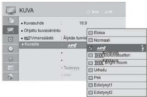 KUVA • Kuvasuhde : 16:9 • Ohjattu kuvatoiminto • Ed Viransäastö : Älykäs tunnis • Kuvatila : Eloisa Normaali Kontrasi IHX Eickuvateatteri IHX Bright Room Urheilu Peli Edistynyt1 Edistynyt2