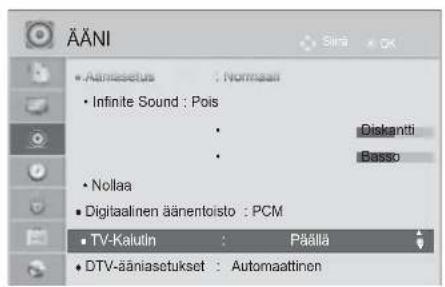 ÄÄNI • Aminiasetus : Normaan • Infinite Sound : Pois • Nollaa • Digitaalinen äärentoristo : PCM • TV-Kalutin : Päällä • DTV-ääniasetukset : Automaaattinen