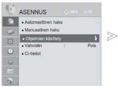 ASENNUS • Automaaattinen haku • Manuaalinen haku • Ohjelmlen käsittely • Vahvistin : Pois • CI-tiedot