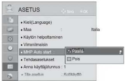 ASETUS Kieli(Language) Maa : Italia Käytön helpottaminen Virranilmaisin MHP Auto start : Paälla Tehdasasetukset Pois Anna käyttäjätunnus : 1 Tite-asetus : Kotikäyttö