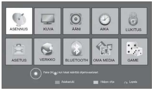 ASENNUS KUVA ÄÄNI AIKA LUKITUS ASETUS VERKKO BLUETOOTH OMA MEDIA GAME Pana OÖl, i kun halasif mäkritää objema-asetnaat. Asiakastuki Helpo chje Lapela