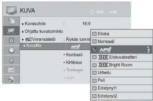 KUVA Kuvasuhde : 16:9 Ohjattu kuvatoiminto e2Virransäästö : Älykäs tunnis Kuvatila Kontrasli Kirkkaus Teirnyyts Eloisa Normaali IHX Elokuvateatteri IHX Bright Room Urheilu Peli Edistynyt1 Edistynyt2