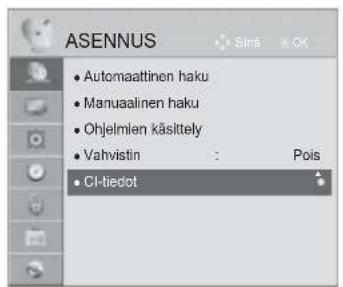 ASENNUS • Automaattinen haku • Manuaalinen haku • Ohjelmlen käsltely • Vahvistin : Pois • CI-tiedot