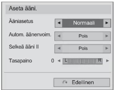 Aseta ääni. Ääniasetus Normaali Autom. äänenvoim. Pois Selkeä ääni II Pois Tasapaino 0 L R Edellinen