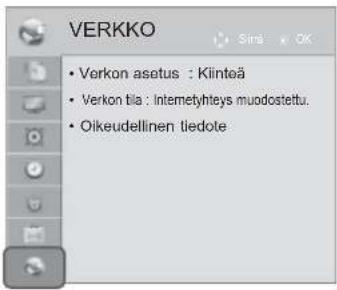 VERKKO • Verkon asetus : Kiinteä • Verkon tla : Intemetyhteys muodosteltu. • Oikeudellinen tiedote
