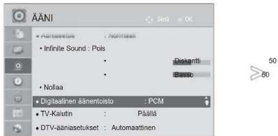 ÄÄNI • Aäniasties : Pörmask • Infinite Sound : Pois • Diskantti • Basso • Nollaa • Digitaalinen äänentoisto : PCM • TV-Kautin : Päällä • DTV-ääniasetukset : Automaattinen