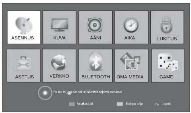 ASENNUS KUVA ÄÄNI AIKA LUKITUS ASETUS VERKKO BLUETOOTH OMA MEDIA GAME Pana OK! Kun halusi halantisi objema-asetukset. Asiakastuki Holpo ohje Lopela