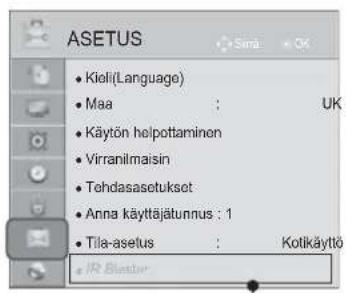 ASETUS • Kioli(Language) • Maa : UK • Käytön helpottaminen • Virranilmaisin • Tehdasasetukset • Anna käyttäjätunnus : 1 • Tila-asetus : Kotikäyttö • IR Blustur