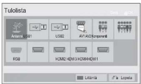 Tulolista Antenna USB1 USB2 AV1 AV2 Komponenti RGB HDMI2 HDMI3 HDMI4 HDMI1 Littâmta Lopeta