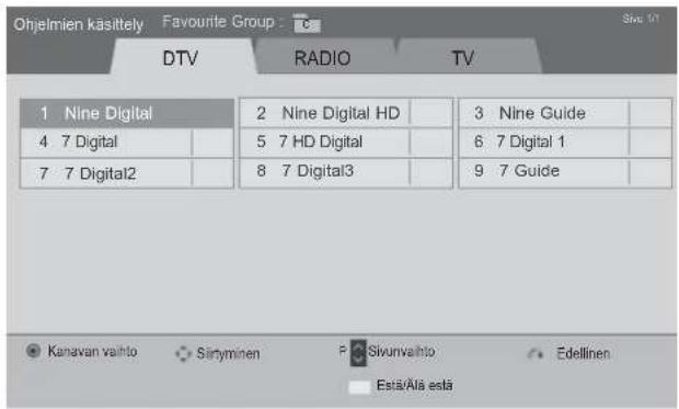 Ohjelmien käsittely Favourite Group : c DTV RADIO TV 1 Nine Digital 2 Nine Digital HD 3 Nine Guide 4 7 Digital 5 7 HD Digital 6 7 Digital 1 7 7 Digital2 8 7 Digital3 9 7 Guide Kanavan valhto Sirtyminen Sivunvalhto Edellinen Estä/Äla estär
