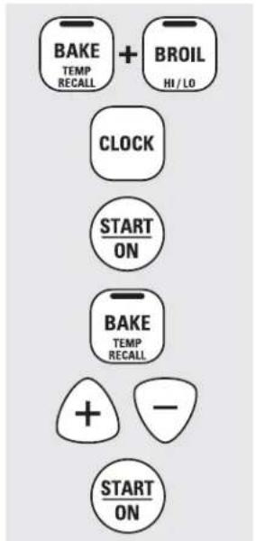 graph TD A["BAKE TEMP RECALL"] + B["BROIL HI/LO"] --> C["CLOCK"] C --> D["START ON"] D --> E["BAKE TEMP RECALL"] E --> F["+"] E --> G["-"] F --> H["START ON"]