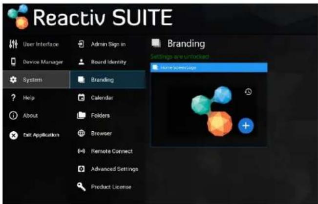 Reactiv SUITE User Interface Admin Sign in Device Manager Board Identity System Branding Help Calendar About Folders Exit Application Browser Remote Connect Advanced Settings Product License Branding Settings are unlocked Home Screen Usage