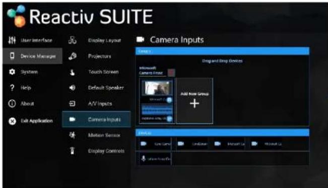 Reactiv SUITE User Interface Device Manager System Help About Exit Application Display Layout Projectors Touch Screen Default Speaker A/V Inputs Camera Inputs Motion Sensor Display Controls Camera Inputs Add Now Group + Edit... Save Camera SaveBus Microsoft SQL Microsoft SQL Show Now Do