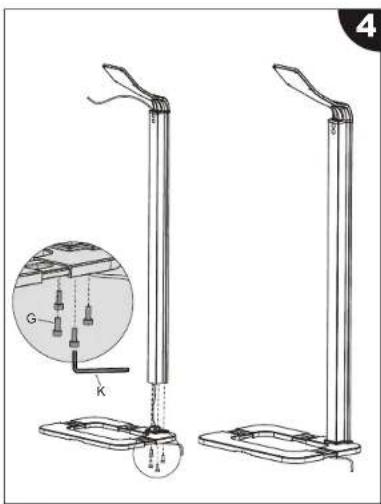 Technical diagram showing two vertical supports with labeled components and a magnified inset of a device labeled G and K.
