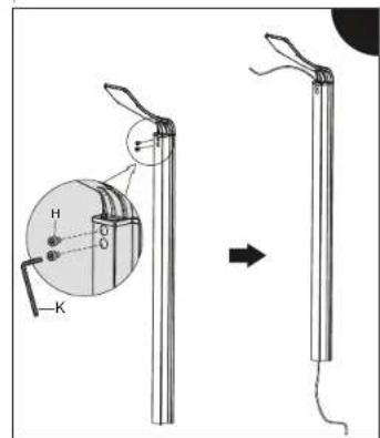 Diagram illustrating a mechanical device with labeled components and an arrow indicating transformation or assembly.