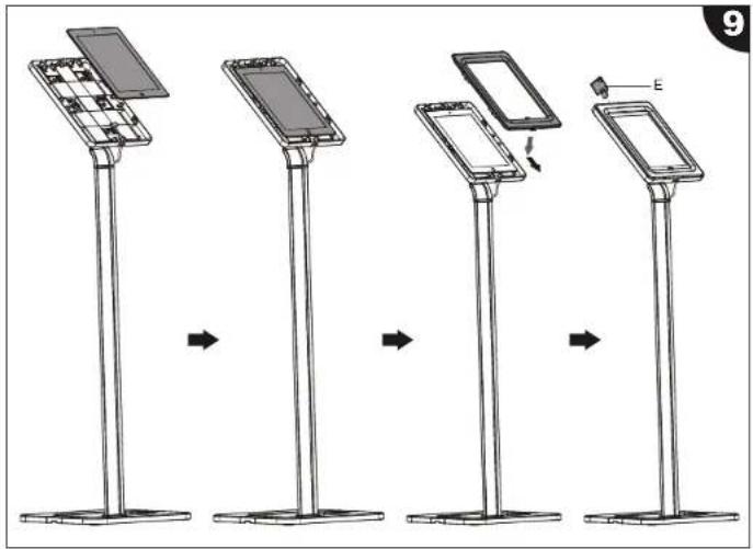 Diagram showing four steps of device packaging or mounting on stands, with arrows indicating transformation from top to bottom.