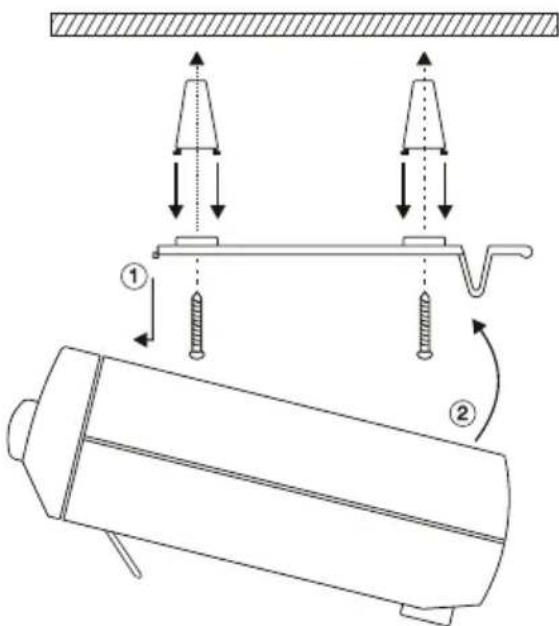 Technical diagram showing mechanical assembly with labeled parts and directional arrows indicating motion or force