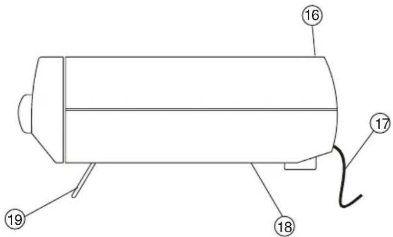 Technical diagram of a cylindrical device with numbered components labeled 16, 17, 18, and 19.